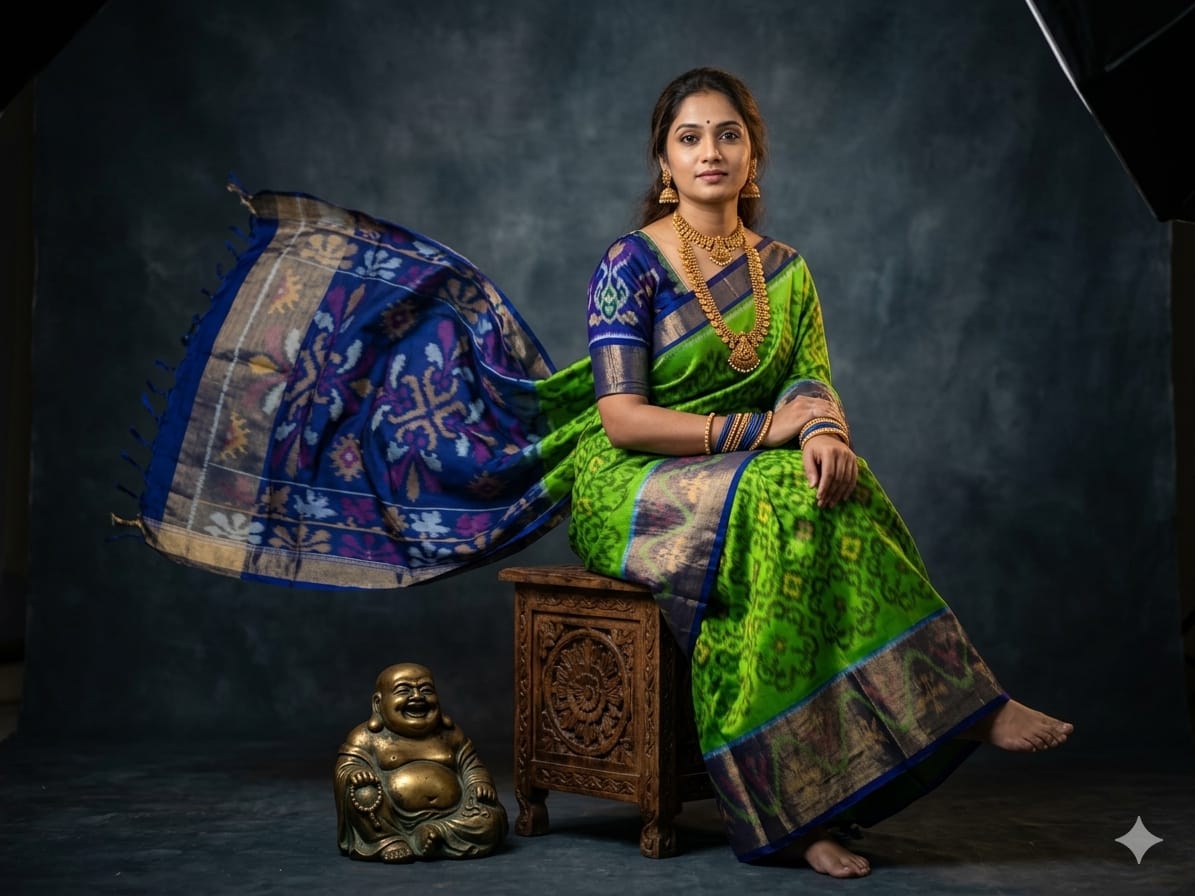 Pure Ikkat Sico Silk Cotton Sarees, 8 Inch Border Handloom Saree With Blouse - PRS8SICO00013
