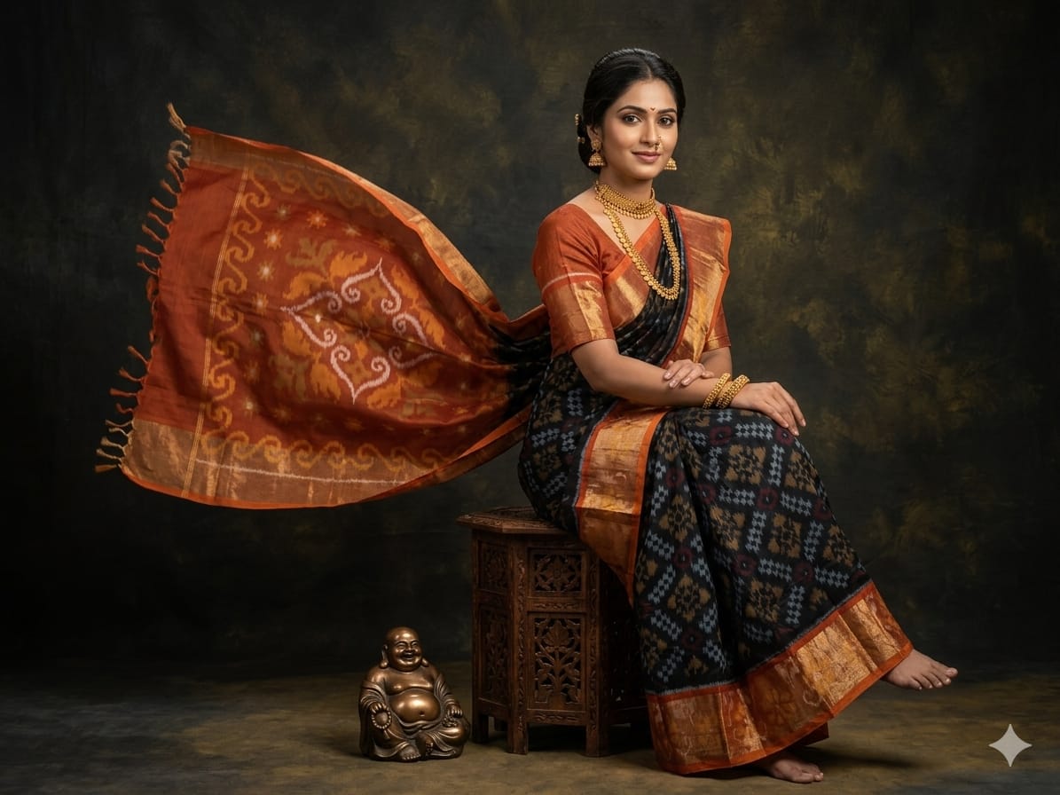 Pure Ikkat Sico Silk Cotton Sarees, 8 Inch Border Handloom Saree With Blouse - PRS8SICO00017