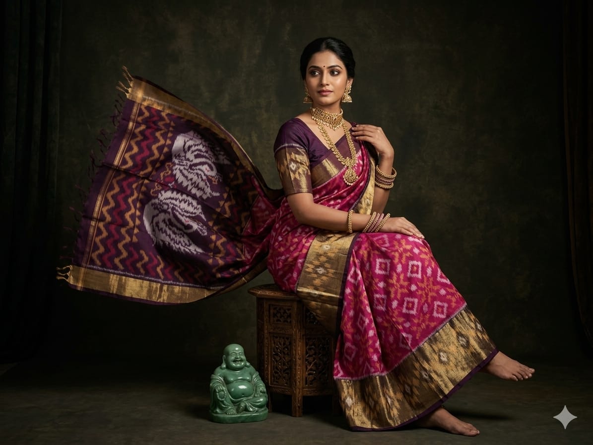 Pure Ikkat Sico Silk Cotton Sarees, 8 Inch Border Handloom Saree With Blouse - PRS8SICO00019