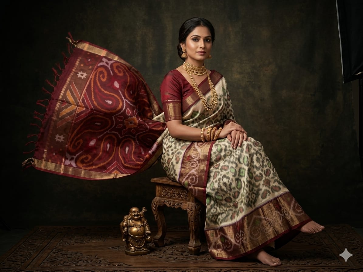 Pure Ikkat Sico Silk Cotton Sarees, 8 Inch Border Handloom Saree With Blouse - PRS8SICO00033