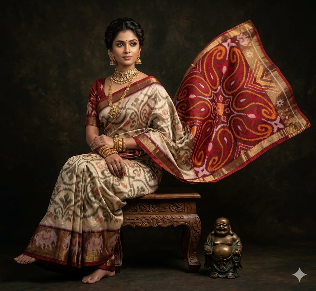 Pure Ikkat Sico Silk Cotton Sarees, 8 Inch Border Handloom Saree With Blouse - PRS8SICO00035