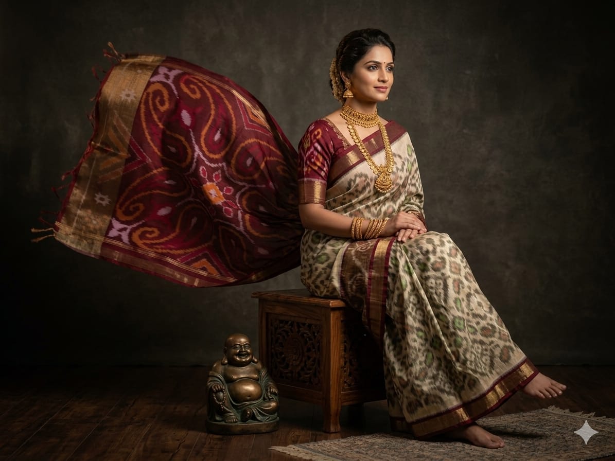 Pure Ikkat Sico Silk Cotton Sarees, 8 Inch Border Handloom Saree With Blouse - PRS8SICO00044