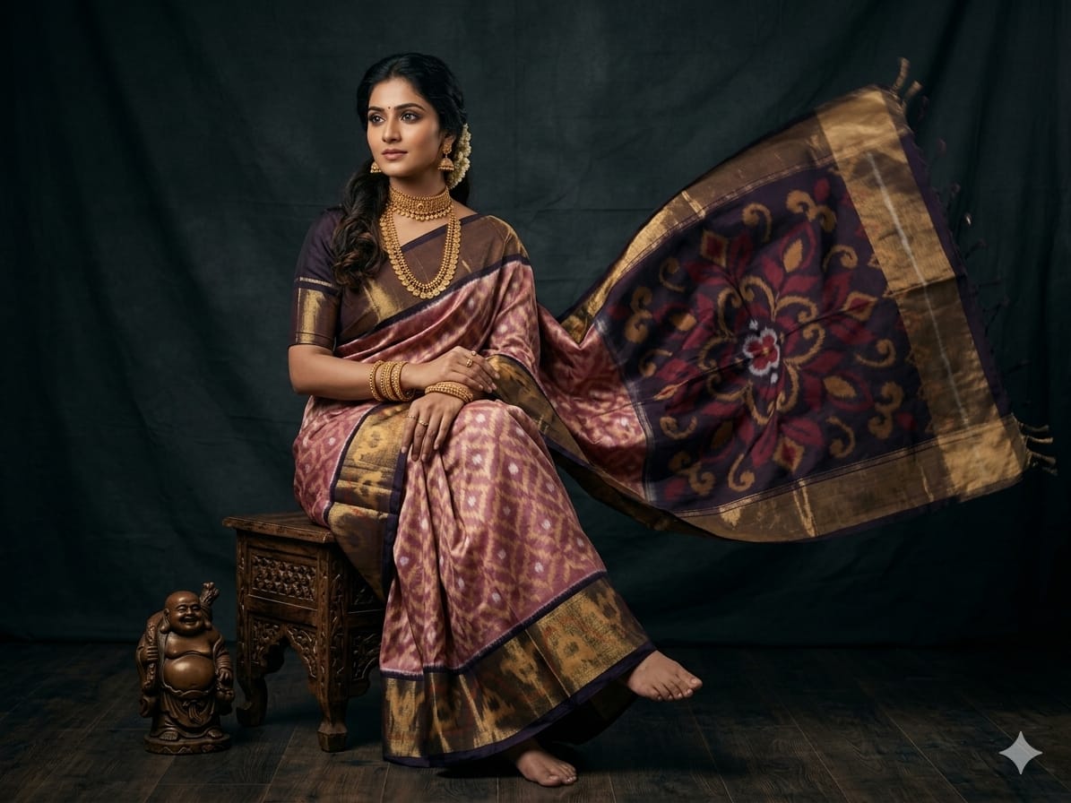Pure Ikkat Sico Silk Cotton Sarees, 8 Inch Border Handloom Saree With Blouse - PRS8SICO00045