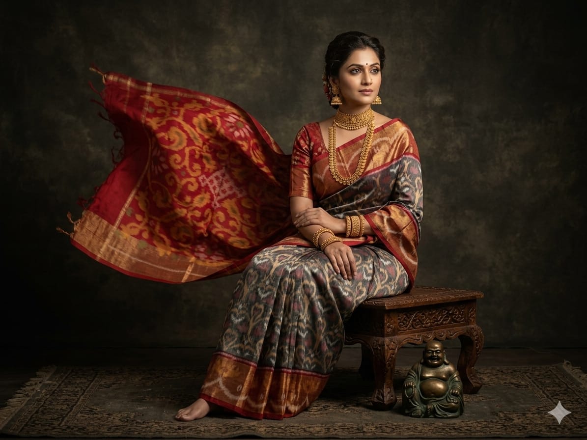 Pure Ikkat Sico Silk Cotton Sarees, 8 Inch Border Handloom Saree With Blouse - PRS8SICO00047