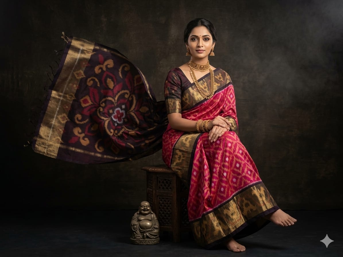 Pure Ikkat Sico Silk Cotton Sarees, 8 Inch Border Handloom Saree With Blouse - PRS8SICO00050