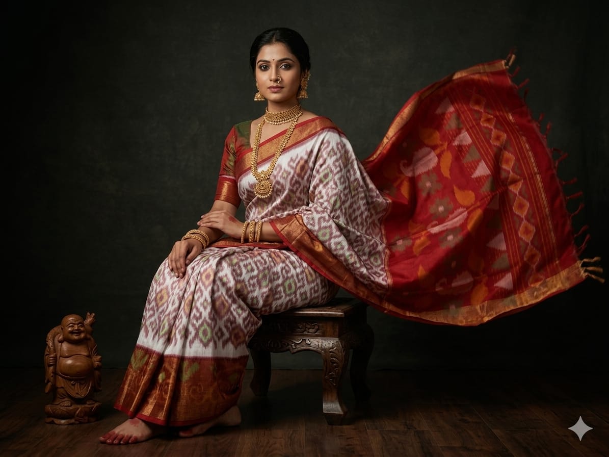 Pure Ikkat Sico Silk Cotton Sarees, 8 Inch Border Handloom Saree With Blouse - PRS8SICO00053