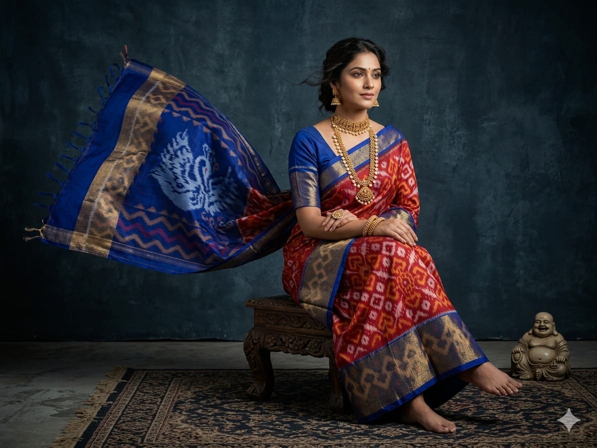 Pure Ikkat Sico Silk Cotton Sarees, 8 Inch Border Handloom Saree With Blouse - PRS8SICO00055