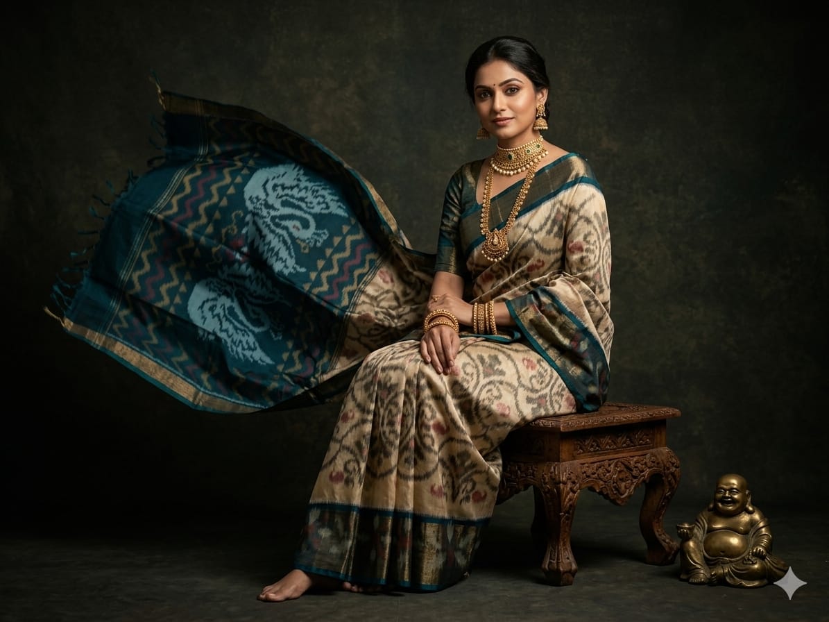Pure Ikkat Sico Silk Cotton Sarees, 8 Inch Border Handloom Saree With Blouse - PRS8SICO00056