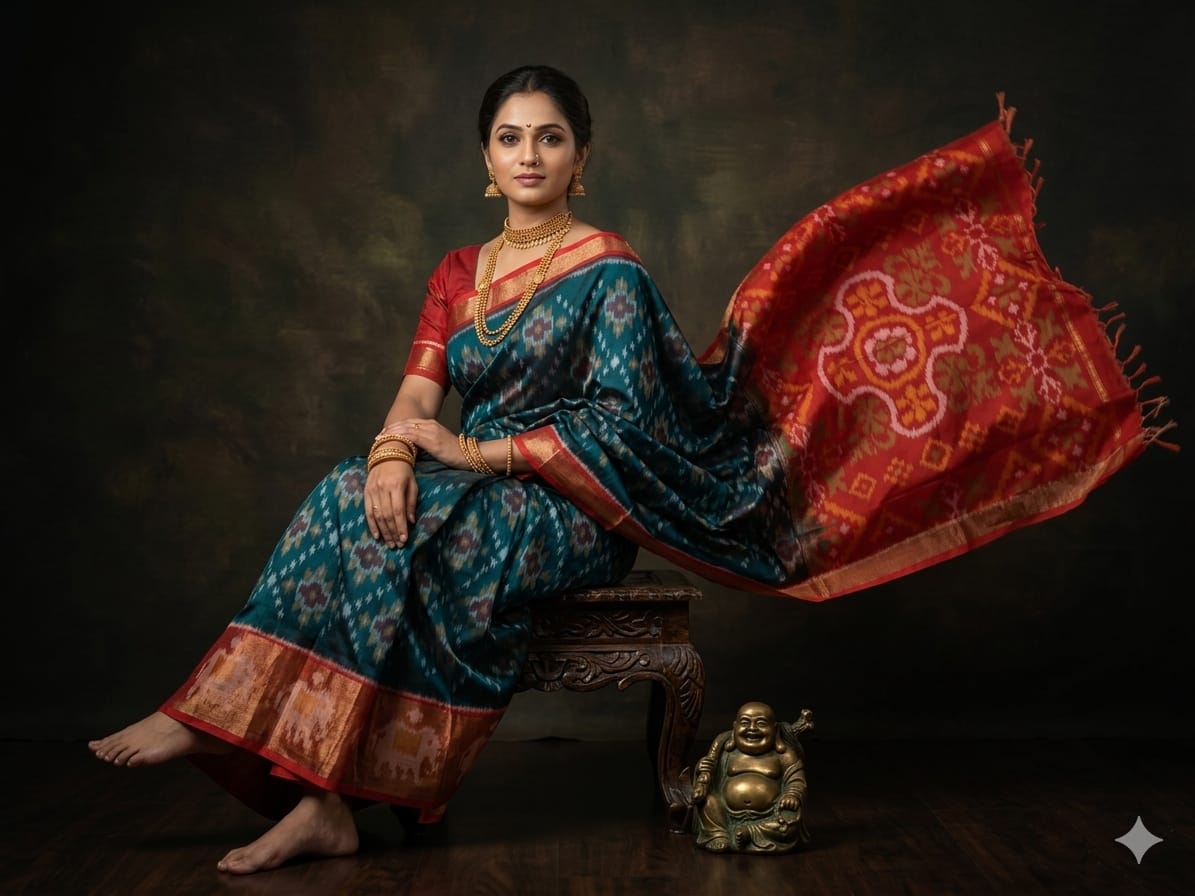 Pure Ikkat Sico Silk Cotton Sarees, 8 Inch Border Handloom Saree With Blouse - PRS8SICO0006