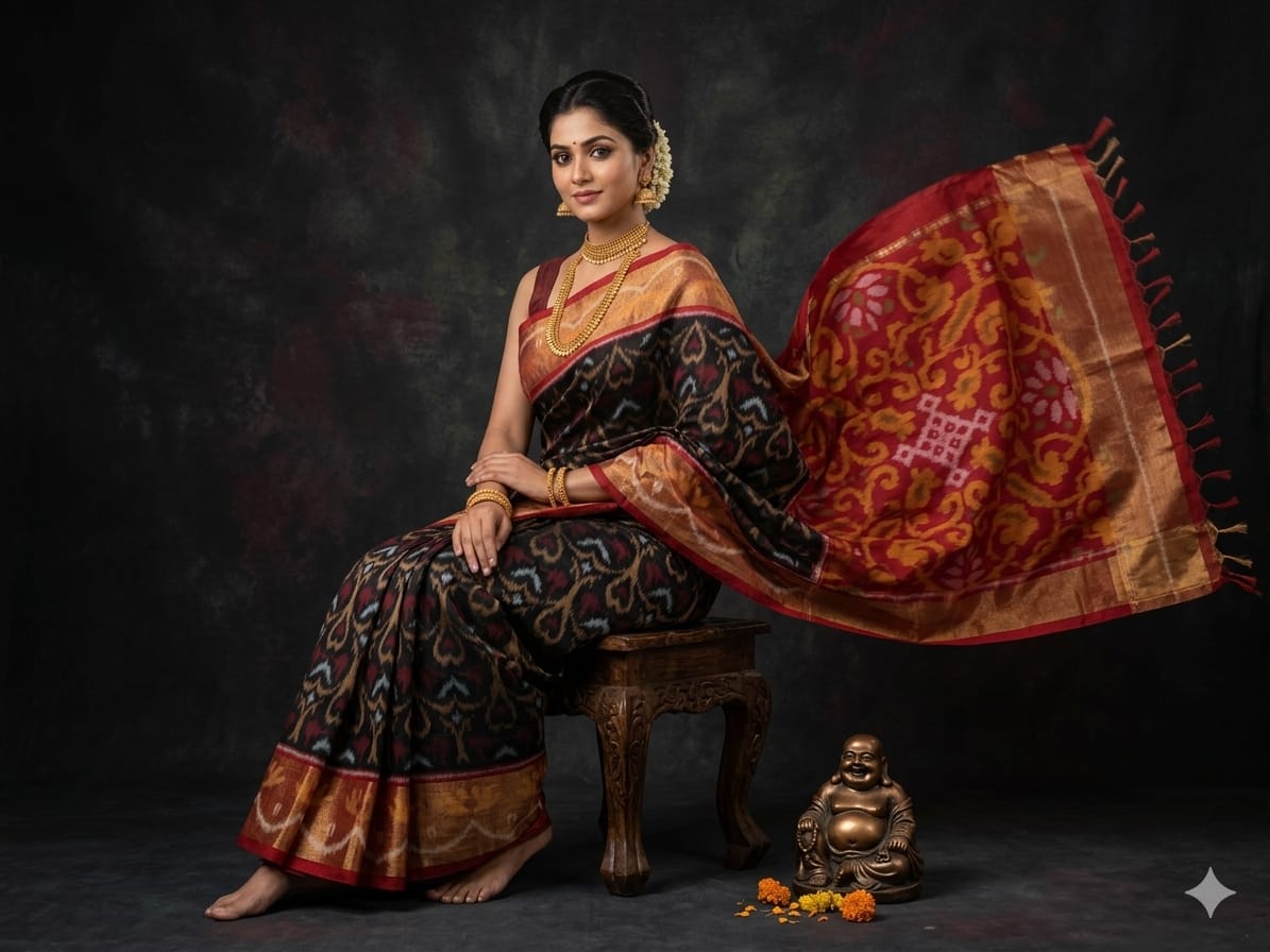 Pure Ikkat Sico Silk Cotton Sarees, 8 Inch Border Handloom Saree With Blouse - PRS8SICO00060