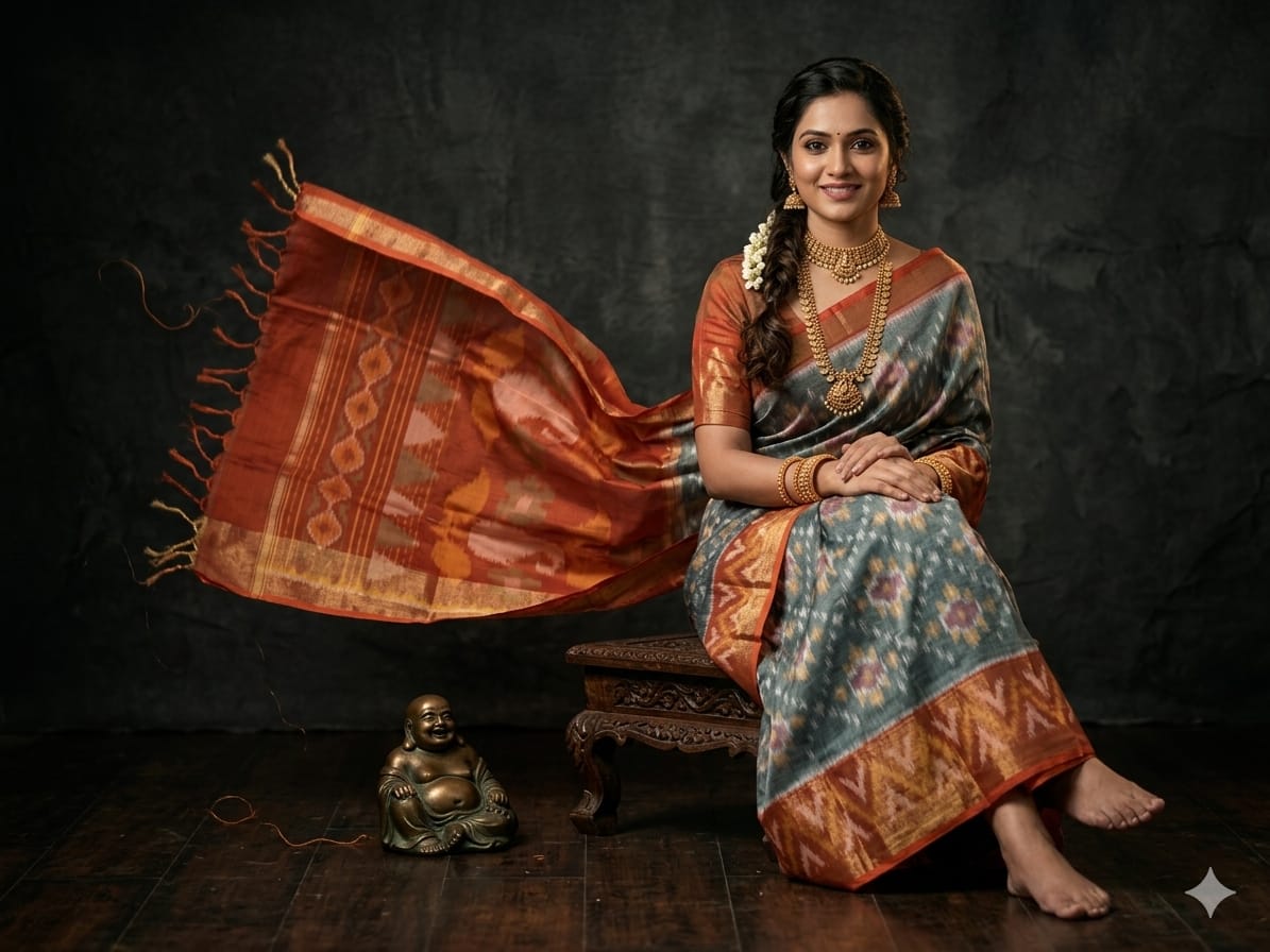 Pure Ikkat Sico Silk Cotton Sarees, 8 Inch Border Handloom Saree With Blouse - PRS8SICO00063